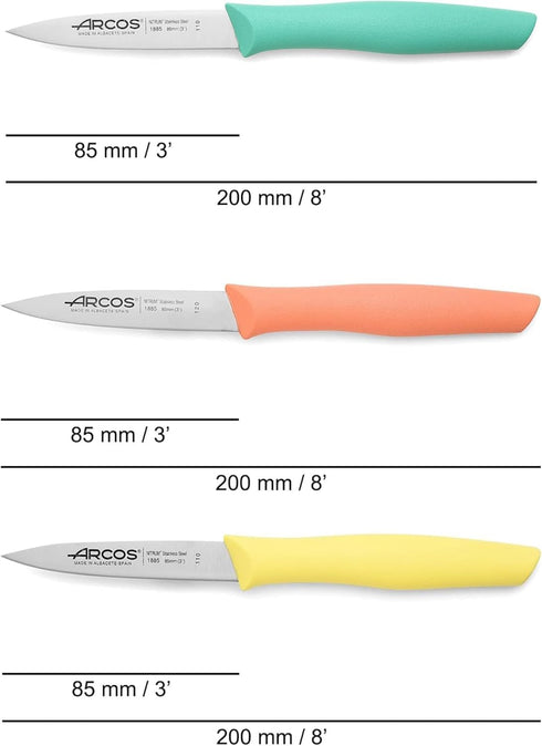 Arcos Paring Knife Set of 3 Pieces 4 Inch Stainless Steel. Colorful Kitchen Knives for Peeling Fruits and Vegetables. Ergonomic Polypropylene Hand...