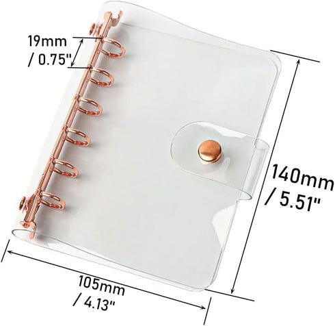 A7 Binder Cover Clear PVC Rose Gold 6 Ring Budget Binder Snap Button Closure Loose Leaf Folders Refillable Soft Notebook Shell Protector (A7, Rose...