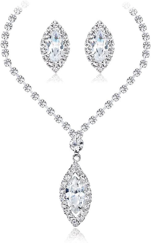 Bride Simple Crystal Necklace Earrings Set Women Bridal Wedding Jewelry Sets Rhinestone Choker Necklace Prom Jewelry Set for Women (Silver 3)...