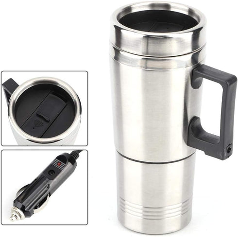 Qiilu Car Electric Kettle, 12V 350ml+150ml Stainless Steel Portable Car Electric Heating Mug Drinking Cup Travel Kettle Water Boiler for Water Tea...