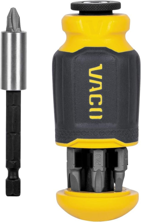 VACO VAC1080 Multi-Bit Stubby Screwdriver, Impact Driver, 8-in-1 Adjustable Magnetic Tool with Phillips, Slotted, and Square Bits...