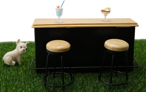 Dollhouse Furniture Metal Bar Table & Chair with Wood Top Pub Set 1:12 Scale Miniature Accessories Bar Counter Stool Mini Dining Coffee Table Mode...