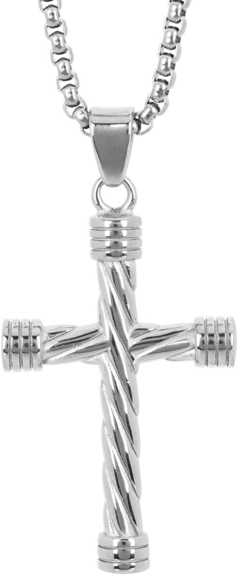 Cross Pendant for Car Rear View Mirror Decor Prayer Hanging Ornament Stainless Steel Rope Winding Cross Necklace Men Boys Christian Gift (Silver)...