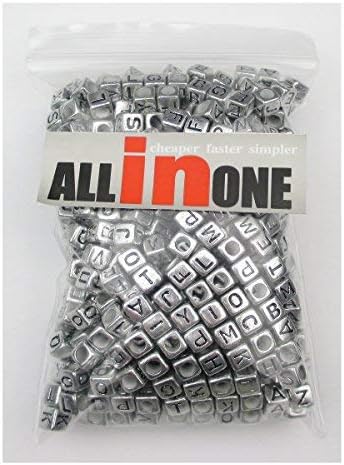 1000pcs Mixed Acrylic Letter/Alphabet “A-Z”Cube Beads for DIY Craft (Silver with Black Letter)...