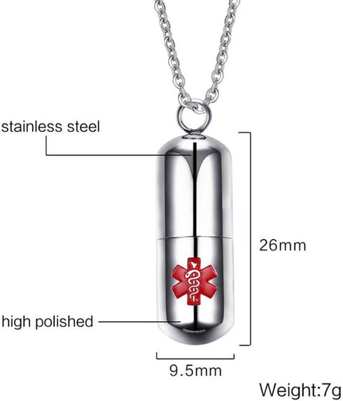 DIB Stainless Steel Medical Alert ID Pill Bottle Container Pendant Necklace for Men Women, Free Chain 20"...