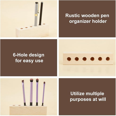 OLYCRAFT 6-Hole Wood Desktop Pen Holder with 12mm Round Hole Fountain Pen Stand Rustic Wooden Pen Organizer Office Desk Pen Holder for Pen Storage...