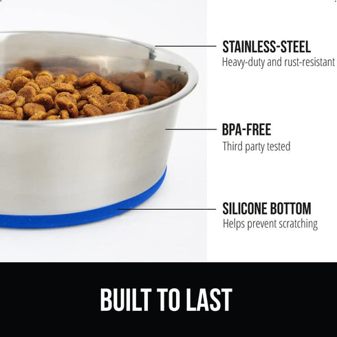 Gorilla Grip Stainless Steel Metal Dog Bowl Set of 2, Rubber Base, Heavy Duty Feeding Dishes, Food Grade BPA Free, Less Sliding, Quiet Pet Bowls f...