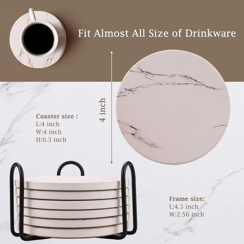 Coasters for Drinks, Absorbent Ceramic Stone Coasters Set with Metal Holder Stand, Cork Base, Marble Surface Pattern, Cups Place Mats for Home Dec...