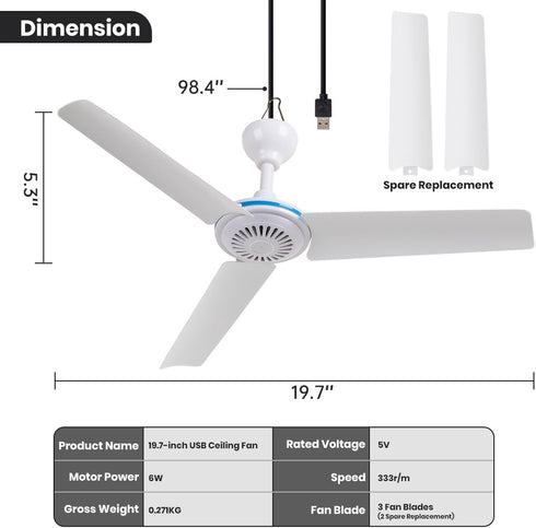 Small USB Ceiling Fan 19.7”Portable Hanging Fans for Power Bank Indoor Outdoor RV Bed Room Desk Boat Coop Travel Tent Canopy Cubicle Mini 3 Blades...