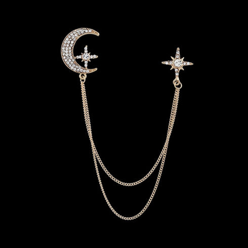 Moon Star Rhinestone Brooch with Gold Tassel Brooch for Unisex...