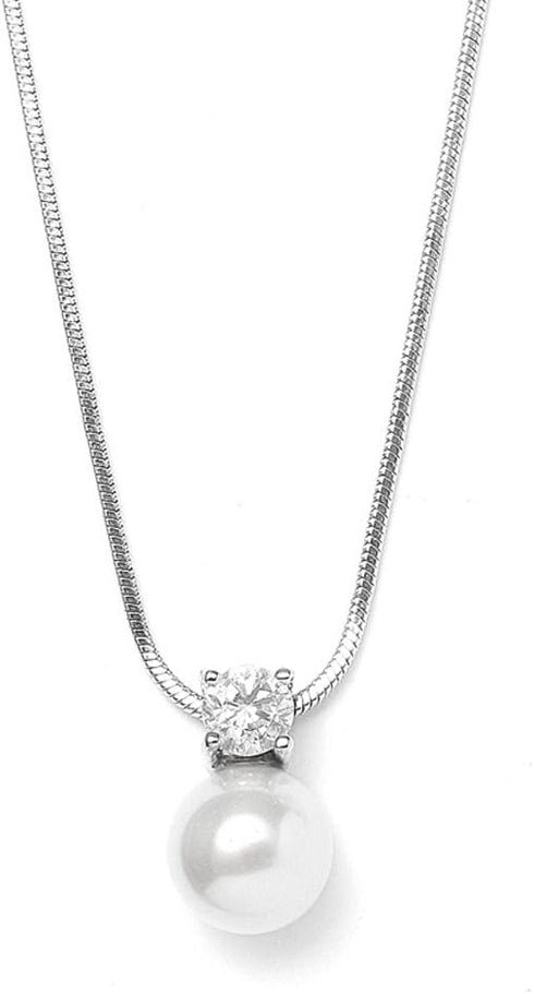 Mariell White Pearl Bridal, Bridesmaid Necklace with Cubic Zirconia Crystal, Pearl Wedding Jewelry, Perfect for Mother of the Bride, Birthday Gift...