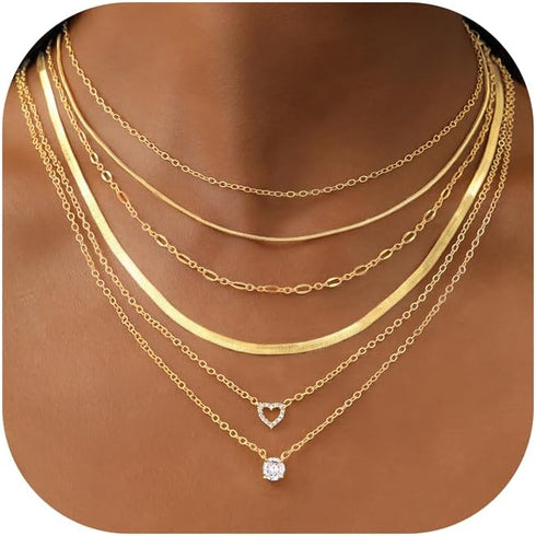 iF YOU 6 Pcs Gold Chokers Necklace Set for Women, 14k Gold Plated CZ Pendant Necklace, Trendy Dainty Snake Chain Layered Necklaces for Jewelry Gif...