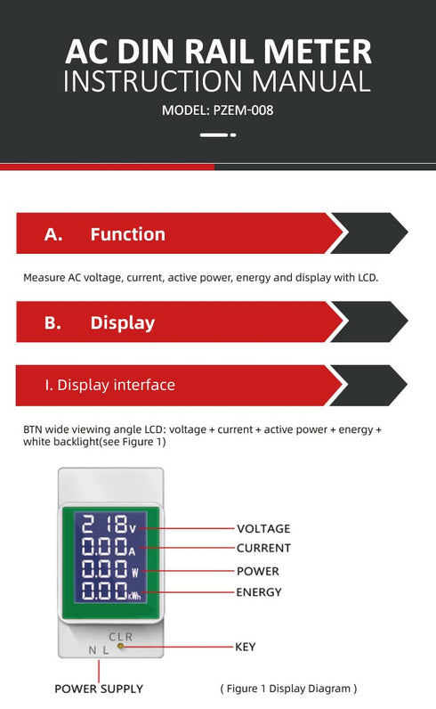 HiLetgo AC Digital Multimeter 50-300V 100A PZEM-008 LCD Display Digital Current Voltage Active Power Energy Multimeter Ammeter Voltmeter AC Din Ra...