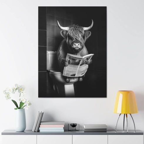 Black and White Animal Farmhouse Wall Art Highland Cow Reading Newspaper on Toilet Bowl Canvas Print Fun Art Poster for Wall Bathroom Canvas Paint...