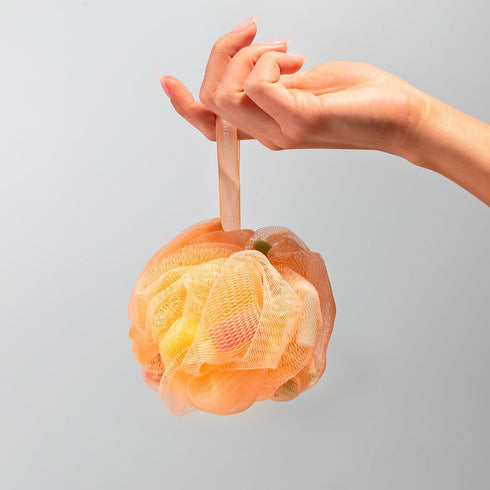 Loofah Bath Sponge, Body Scrubber Mesh, Pouf Shower Ball, Exfoliating Shower Sponge with Foam Exfoliating Beads, Pack of 4 (Orange)...