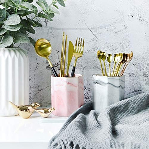 WAVEYU Pink Pen Holder for Girls, Marble Ceramic Pencil Cup, Desk Organizer Decor for 2023 Graduates, Durable Makeup Brush Holder for Office, Scho...