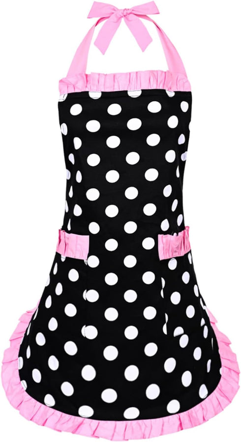 Violet Mist Vintage Apron for Women, Pink Polka Dot Retro Stylish Apron with Pockets, Adjustable Neck Strap...