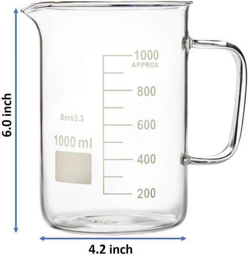 Labnique Glass Beaker with Handle, Beaker Mug with Pouring Spout, Double Graduated, 1000ml (33.8 oz / 4.2 cups)...