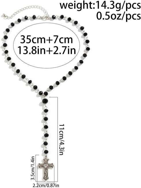 Gothic Cross Pendant Y-Shaped Necklace Blood Red/Black Crystal Rosary Beads Silver Cross Chain Choker Necklace Y2k Grunge Necklace Punk Goth Jewel...