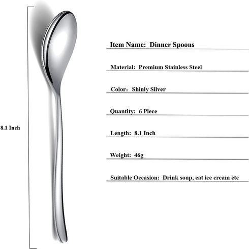 Dinner Spoons 6 Piece, 8.1'' Stainless Steel Tablespoons, Soup Spoons, Dessert Spoons, Spoons Silverware for Home, Kitchen or Restauran,Dishwasher...
