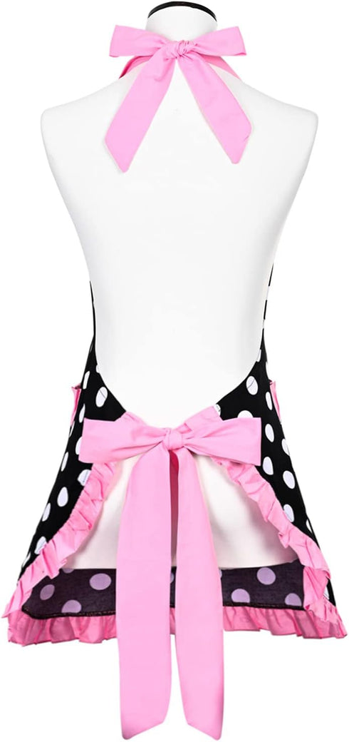 Violet Mist Vintage Apron for Women, Pink Polka Dot Retro Stylish Apron with Pockets, Adjustable Neck Strap...