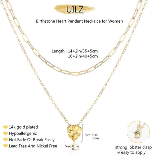 UILZ 14K Gold Plated Layered Birthstone Necklace Dainty Heart Birthstone Necklace Paperclip Chain Choker Necklace with Heart Pendant Birthstone Je...