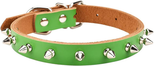 Basic Classic Adjustable Genuine Cow Leather Pet Collars for Cats Puppy Dogs (X-Large/Neck 14.2"-18.1", Green-Spiked Rivet)...