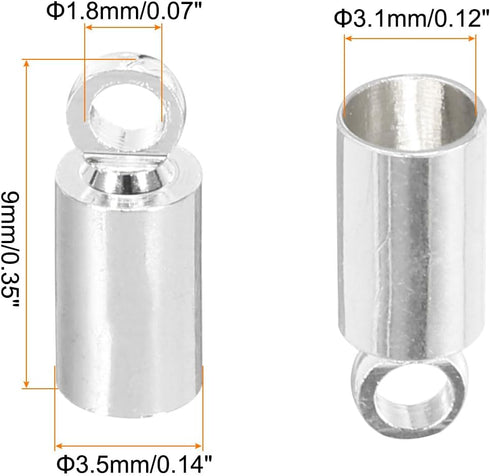 MECCANIXITY 50Pcs Cord End Caps 9mm End Cap Barrel Beads Kumihimo 3.5mm Dia End Caps Brass for Leather Cord, Tassels, Jewelry Making, Silver...