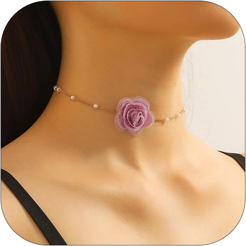 Rose Flower Choker Necklace Vintage Pearl Choker Necklace for Women Floral Choker Rose Choker Bride Wedding Party Summer Necklace (Purple)...