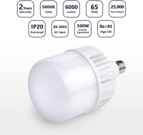 400W-500W Equivalent LED Light Bulb,6000 Lumen 5000K Bright Daylight White Bulbs,High Lumen E26/E27 Medium Base for Outdoor Indoor Garage Warehous...