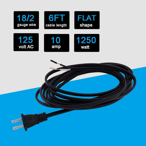 Replacement Power Cord Pigtail 18AWG 2 Prong 6FT Flat Shape 2 Wire Power Supply Cord Open End 110V Polarized Plug Black Cable 18 Gauge Open Wire 2...