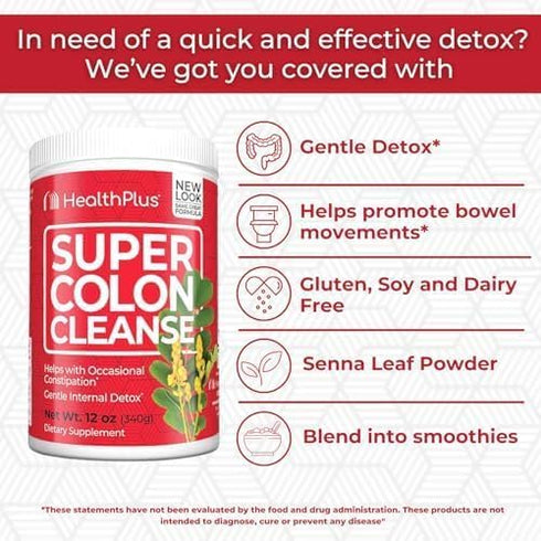 Health Plus Super Colon Cleanse, 12 oz Powder, 68 Servings - Natural Detox, Digestive Constipation Relief, Gentle Gut Cleanse with Psyllium Husk &...