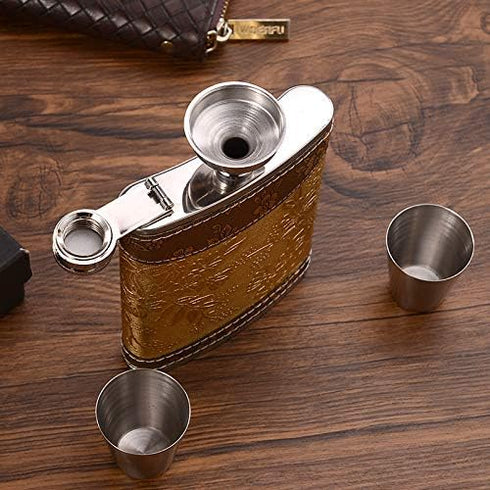 Golden pattern 8 Oz Gift 100% Stainless Steel(304/18-8 SS).Bonus 2 Shot Glass+1Funnel+1Giftbox.Flask Leak Proof Tested.Flask for Liquor/Alcohol.Fl...