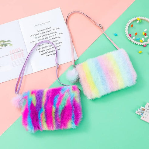 Women Girls Kids Fluffy Fuzzy Bag Plush Tie Dye Rainbow Crossbody Purse Wallet...