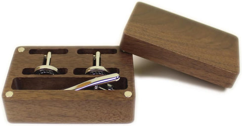 Rustic Black Walnut Wooden Round Cufflinks Tie Clips With Organizer Box for Men...