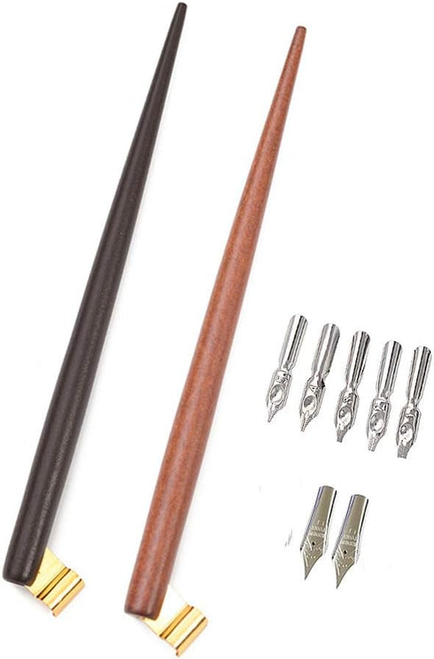 Professional Manga Gothic Pen Dip Pen Calligraphy Drawing Pen Kit, 2 Pen Holders Handles, 7 Nibs (2 Fountain Pen Nib, 5 Flat Nib) - Brown Wood and...