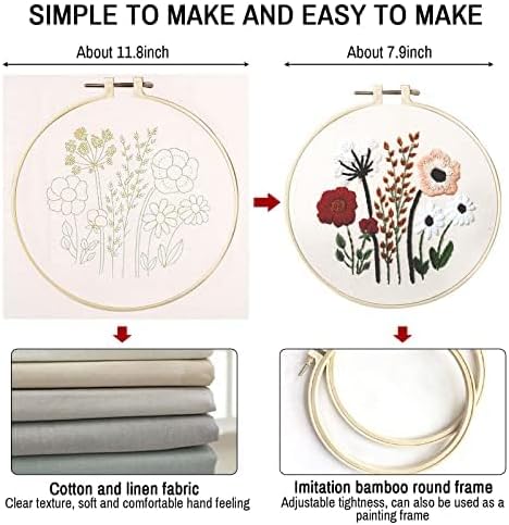 Embroidery Kit for Beginners 3 Pack, DIY Craft Embroidery Kit with Embroidery Thread Imitation Bamboo Embroidery Hoop Embroidery Needles, Floral P...