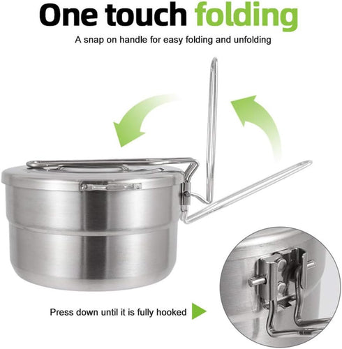 Stainless Steel Camping Cook Pot with Lid and Folding Handle Camping Cookware 1.5L Large Capacity Bento Pot for Camping, Hiking, Picnic...
