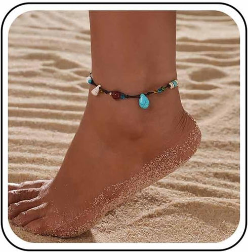 Boho Turquoise Anklet Bracelet Colorful Seed Bead Ankle Blue Turquoise Dangle Anklet Bracelet Black Wax Rope Anklet Rainbow Rice Bead Foot Anklet ...