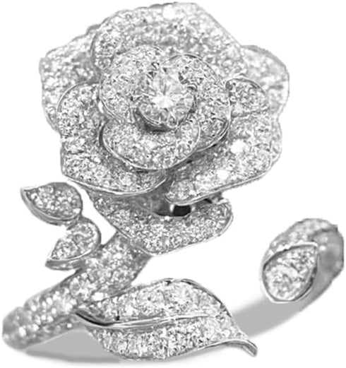 Elegant Rose Flower Engagement Ring for Women Sparkling Rhinestone CZ Crystal Open Statement Rings Promise Wedding Ring Expandable Wrap Finger Ban...