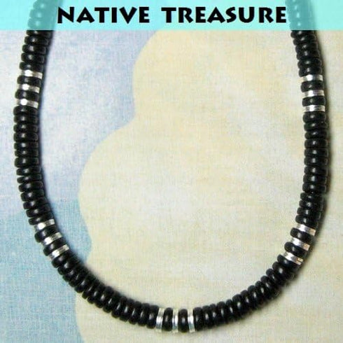 18" Raiders Black Wood Coco Silver Beaded Necklace - 8mm (5/16")...