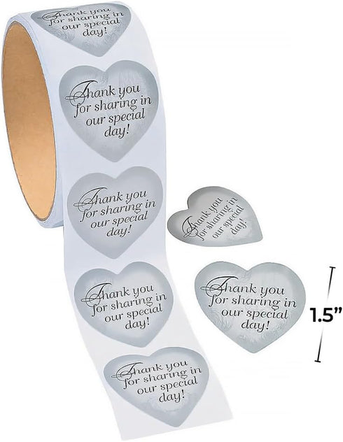 Silver Heart Thank You for Sharing Our Special Day Wedding Stickers - 1 Roll of 100 Thank You and Favor Stickers...