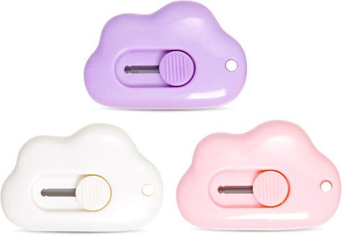 3 Pcs Mini Retractable Utility Knife Cloud Pocket Box Cutters Plastic Letter Opener Slide Open with Keychain Hole for Box Letter Envelope, Cloud S...