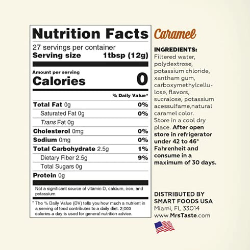 Mrs Taste Sugar Free Caramel Syrup, Zero Calories, Zero Sodium, Zero Sugar, High Fiber, Keto Friendly, Paleo Friendly, Condiments and Sauces (11 o...