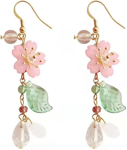 Pink Flower Dangle Earrings for Women Cute Cherry Blossoms Earrings Pearl Leaf Sakura Floral Drop Earrings Fairy Earrings Floral Tassel Earrings S...