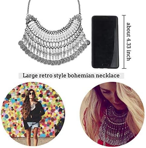 MJartoria Statement Necklace for Women, Boho Collar Choker Coin Tassel Ethnic Gypsy Chunky Necklace Antique Silver Color Bib Festival Halloween Ca...