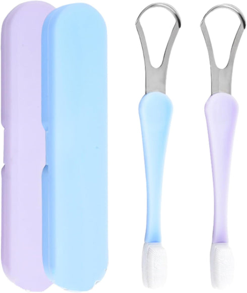 Tongue Scraper & Tongue Brush Set,Tongue Cleaner with Travel Case for Adults & Kids,Oral Care Hygiene Essentials (2pcs,Blue+Purple)...