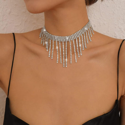 Rhinestone Choker Necklaces Silver Neck Chain Sparkly Tassel Necklace Dainty Party Prom Necklace Jewelry for Women...