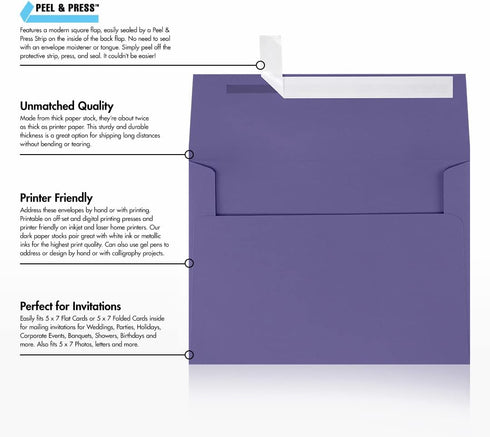 LUXPAPER A7 Invitation Envelopes for 5 x 7 Cards in 80 lb. Wisteria, Printable Envelopes for Invitations, w/ Peel and Press Seal, 50 Pack, Envelop...