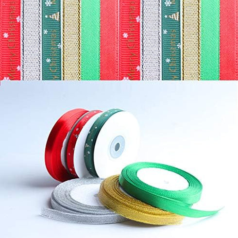 Merry Christmas Ribbons 2/5’’ Gift Ribbon for Gifts Wrapping 150 Yards Mix Designs Holiday Grosgrain Satin Ribbon Set Christmas Designs Crafts & S...